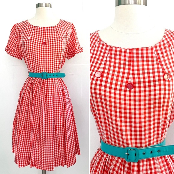 Vintage Dresses & Skirts - Vintage 50’s red & white gingham plaid fit & flare cotton dress